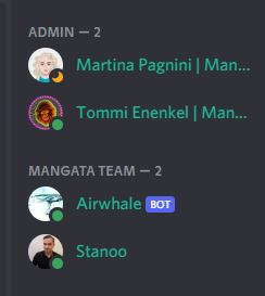 an image showing the Discord users list with the user named Airwhale being part of the Mangata Team